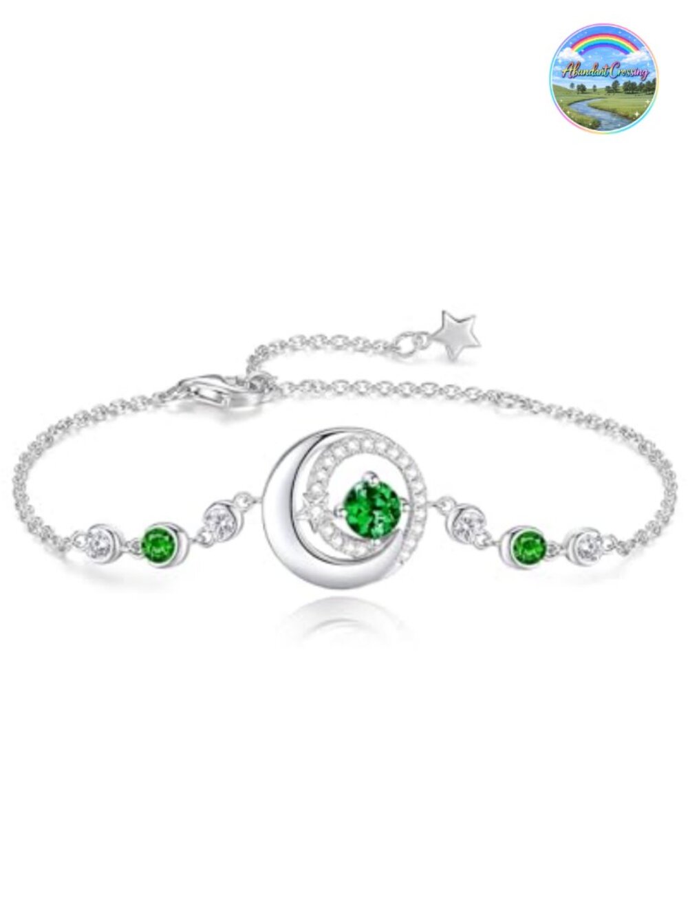 Sterling Silver White Gold Plated Moon Star Birthstone Link Bracelet